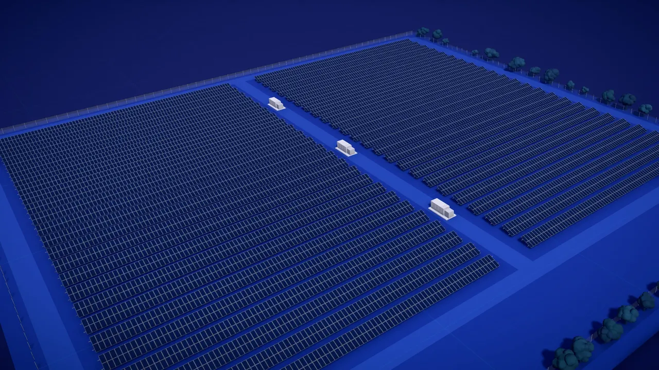 Maqueta de una planta solar en terreno: dos bloques de filas de módulos, camino central con estaciones de inversores y malla perimetral