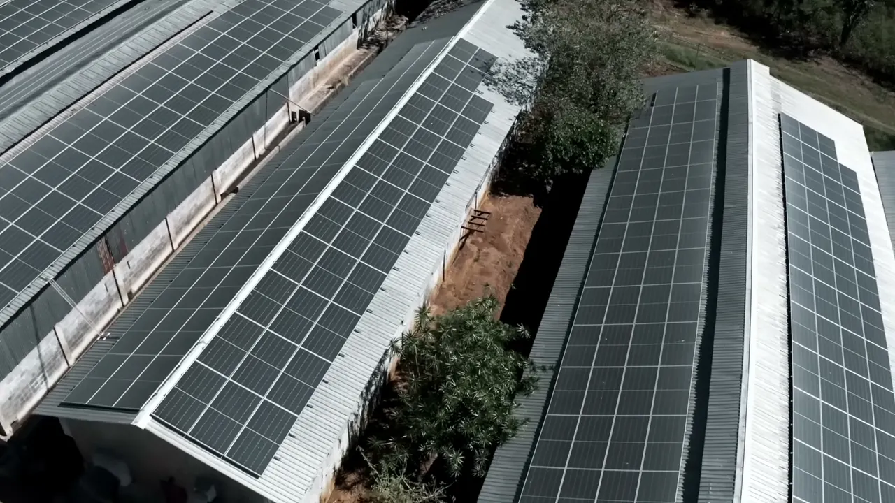 Cubiertas a dos aguas de las naves de PROCESA con filas de módulos solares